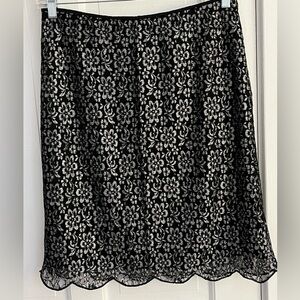 J. Peterman Black Mettalic Silver Floral Lace Skirt with Scalloped Hem Size 10